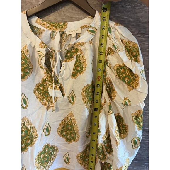 Haute Hippie Women Boho Linen Blouse top Sz L Paisley print Gold Beige Tie Neck - Picture 8 of 9